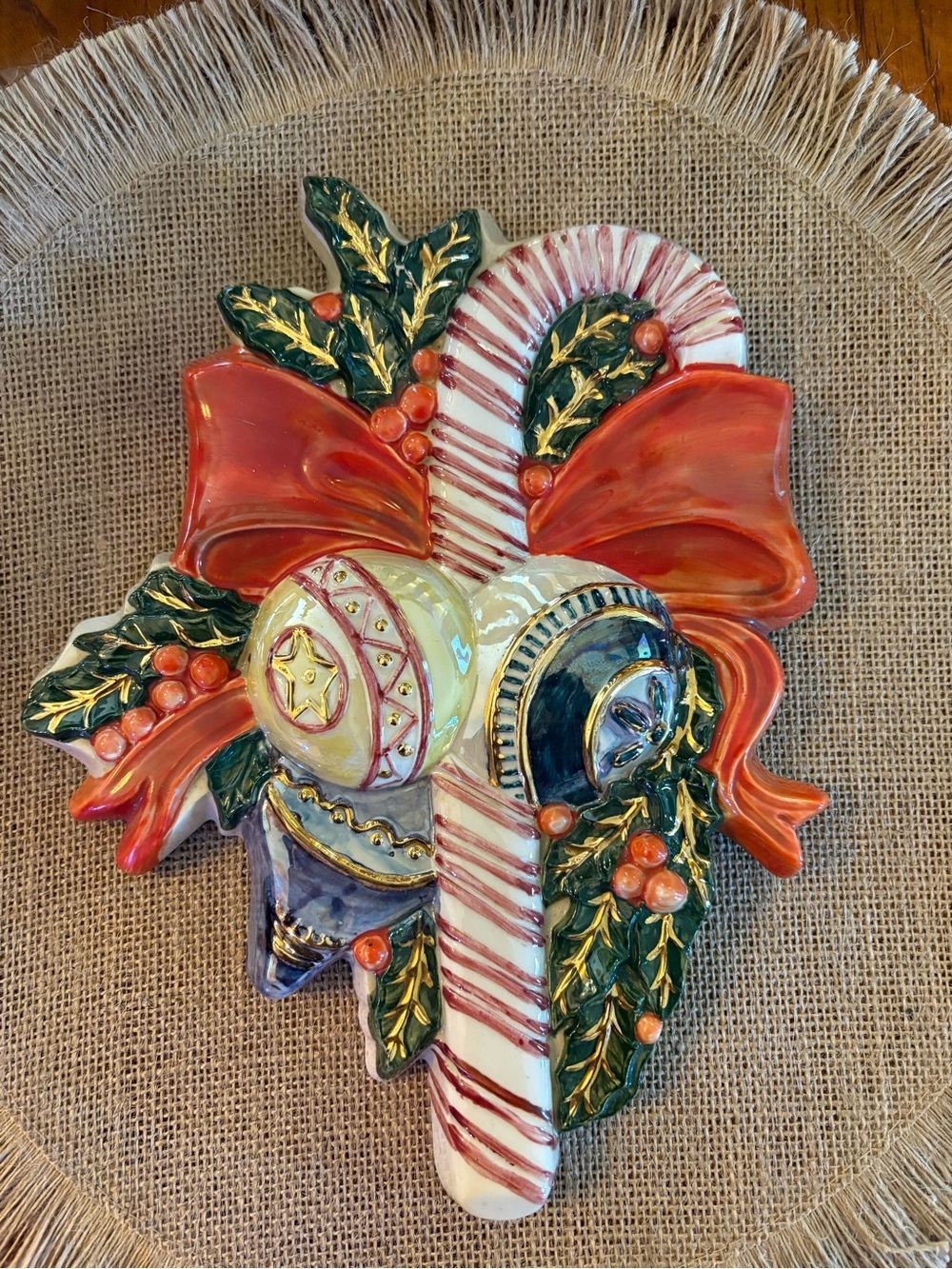 Vintage Ceramic Christmas Candy Cane Wall Plaque, Hand Painted, Kitsch